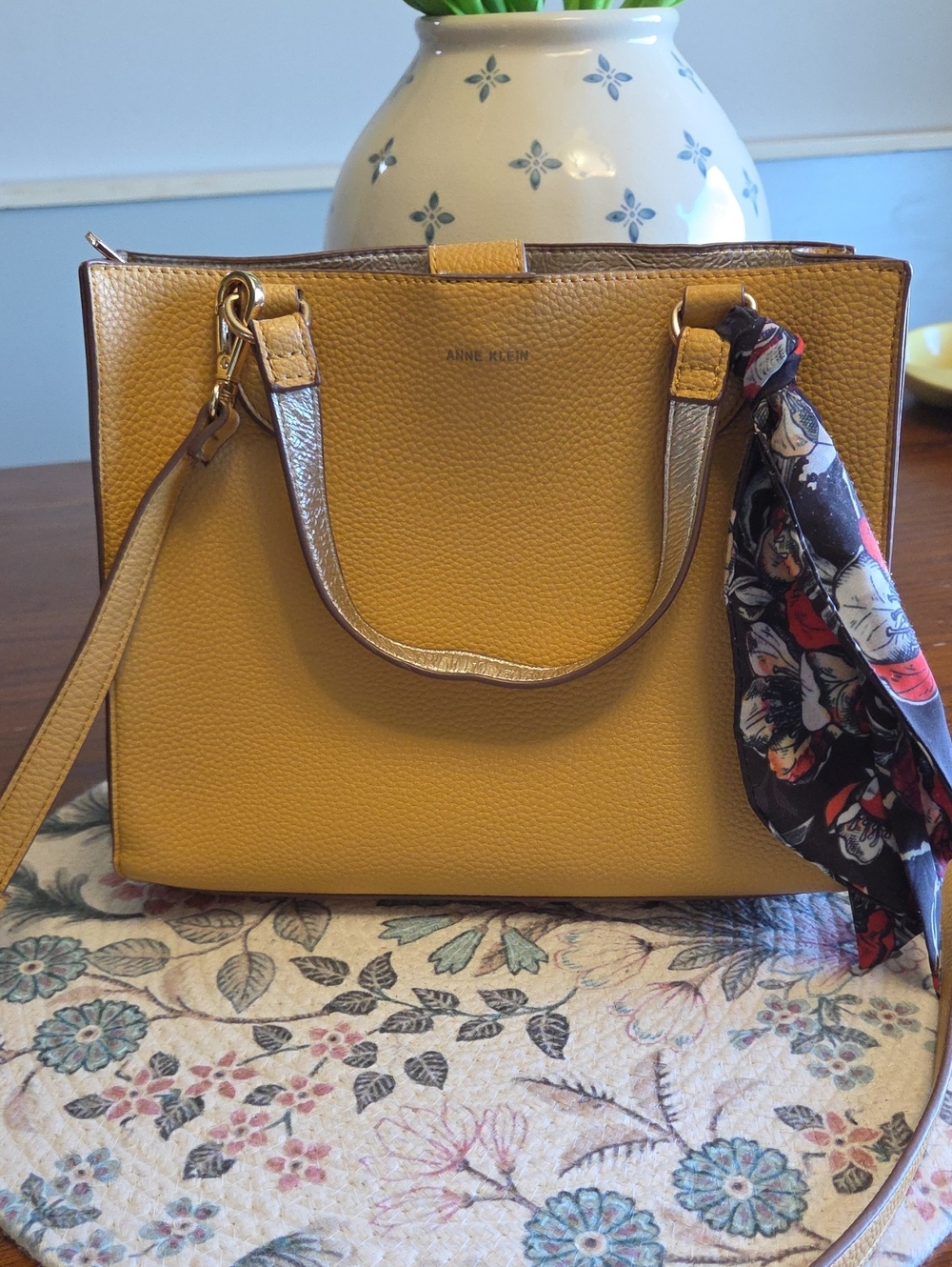 Anne Klein Mustard Yellow Pebbled Satchel with Scarf Accent